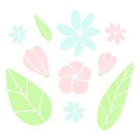 Doodle flat flower icon set isolated on white background. Simple graphic drawing, botanical leaves shape. vector