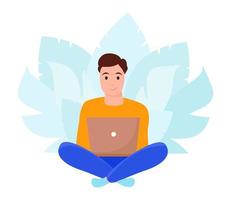 Young man sitting with laptop. Freelance, online studying, work from home concept. Vector illustration in flat style.