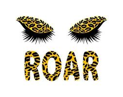 Dangerous woman roar beauty poster. Eye look isolated vector sketch, animal print icon outline drawing. Makeup design element concept. Black leopard eyelashes. Cosmetic, fashion, glamour. Girl power.