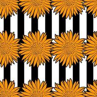 Retro style sunflower seamless pattern with black stripes. Abstract floral botanical fabric print template. Wallpaper vector design illustration. Summer graphic outline drawing texture.