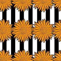 Retro style sunflower seamless pattern with black stripes. Abstract floral botanical fabric print template. Wallpaper vector design illustration. Summer graphic outline drawing texture.