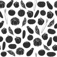 Seamless pattern with farm fresh vegetables food. Isolated vector graphic illustration. Cooking background in doodle outline drawing style. Chalkboard template.