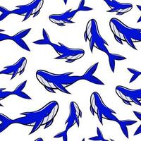 patrón sin costuras de ballena azul de dibujos animados aislado sobre fondo blanco. estampado textil o plantilla vectorial de papel tapiz de vivero. peces de mar, fauna animal. telón de fondo gráfico náutico. vector