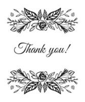 Thank you greeting card template, simple flat illustration, black botanical flowers print isolated on white background. Floral border frame. vector