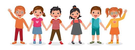 grupo de niños, niños y niñas felices y lindos, de pie juntos saludando y tomándose de la mano mostrando la felicidad de la amistad y la unidad