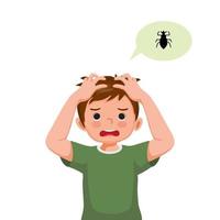 Cute little boy with lice infection on hair scratching his itchy scalp and head vector