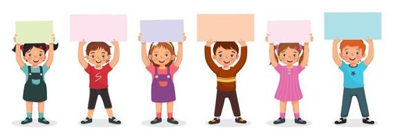 Group of children holding colorful blank papers or posters up over their heads. Vector of boys and girls showing colorful board signs or placard with empty space templates for text, banners and ads