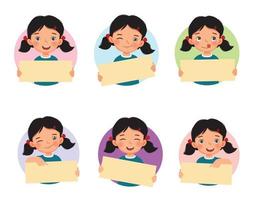 Set of vector cute little girl holding blank placards or posters in various facial expressions and hand finger gestures. Board sign with Empty space templates for text, banners and ads