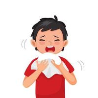 Cute little boy suffering from flu or cold allergy symptom sneezing on a handkerchief or tissue paper vector