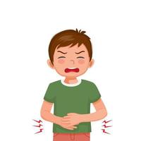 Cute little boy suffering from stomach ache, diarrhea, abdominal pain, gastritis, or food poisoning holding his belly vector