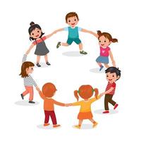 Group of cute happy little children, boys and girls, holding hands and dancing in circle, having fun playing together with smile on their faces vector