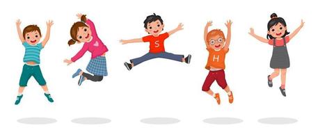 Group of happy kids jumping together joyfully with hands raising up in the air. Vector of active little children, boys and girls, having fun showing different action poses