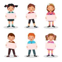 Group of happy children holding blank sheet of papers or posters. Vector of boys and girls showing board signs or placard with empty space templates for text, banners and ads