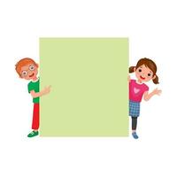 Little boy and girl standing behind empty banner peeking and pointing finger over board vector