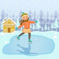 Cute little girl wearing warm winter clothes ice skating outdoor on frozen pool in the snowy landscape background