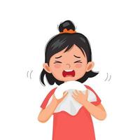 Cute little girl suffering from flu or cold allergy symptom sneezing on a handkerchief or tissue paper vector