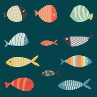 conjunto de coloridos peces de estilo de dibujos animados de acuario de agua dulce para el diseño de patrones, papel tapiz, afiche, decoración, moda, papel de regalo y para la educación de los niños vector