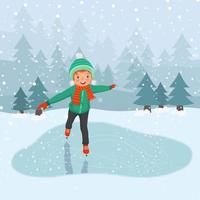 Cute little boy wearing warm winter clothes ice skating outdoor on frozen pool in the snowy landscape background vector