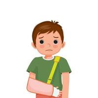 Little boy with broken arm in bandage wearing arm sling after accident. vector