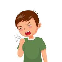 Little boy coughing feeling sick as symptom for cold or bronchitis vector