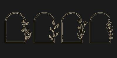 Collection of geometric vector gold floral frames. Borders decorated with hand drawn delicate flowers, branches, leaves, blossom. Vector illustration