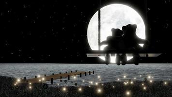 Silhouette Lovers Teddy Bears Hugging Sitting On Swings  Full moon night stars in sky Fireflies fly over the grass and water surface. The romantic of lovers Valentine Theme. 3D Rendering video