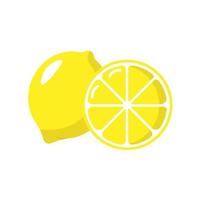 Bright yellow lemon isolated on a white background. Juicy whole lemon and a round yellow slice of lemon. Icon. Cartoon style vector