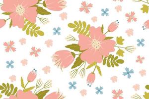 Floral seamless pattern of delicate spring flowers in pastel colors. Suitable for textiles, packaging, interior decoration. Romantic background. Color drawing by hand. vector