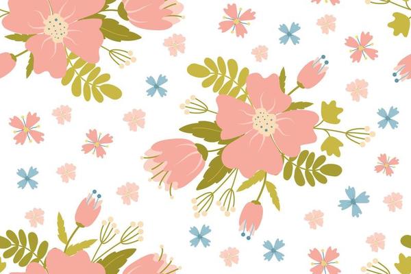 Floral seamless pattern of delicate spring flowers in pastel colors. Suitable for textiles, packaging, interior decoration. Romantic background. Color drawing by hand.