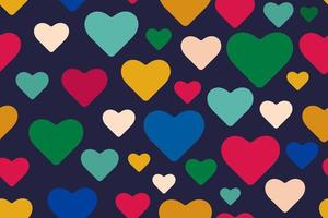 Seamless pattern of multicolored hearts on dark blue background. Birthday, Valentine's Day, Christmas, New Year. Suitable for textiles, packaging, wrapping paper, postcards vector