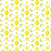 Seamless repeating pattern of juicy whole lemon and slices of yellow and green flowers on a white background. Perfect for fabric, textile, gift wrapping, wallpaper, background vector