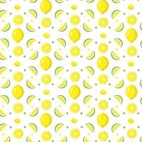 Seamless repeating pattern of juicy whole lemon and slices of yellow and green flowers on a white background. Perfect for fabric, textile, gift wrapping, wallpaper, background vector