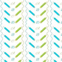 Seamless pattern of pencils and letters on white background. Blue and green pencils, letters A, B, C. Pattern for textiles, packaging, interior design for children vector