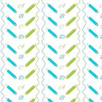 Seamless pattern of pencils and letters on white background. Blue and green pencils, letters A, B, C. Pattern for textiles, packaging, interior design for children vector