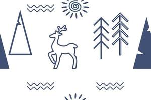 Seamless winter pattern with deer, winter forest, trees, sun on white background. Scandinavian pattern. Fashion nordic graphic vector