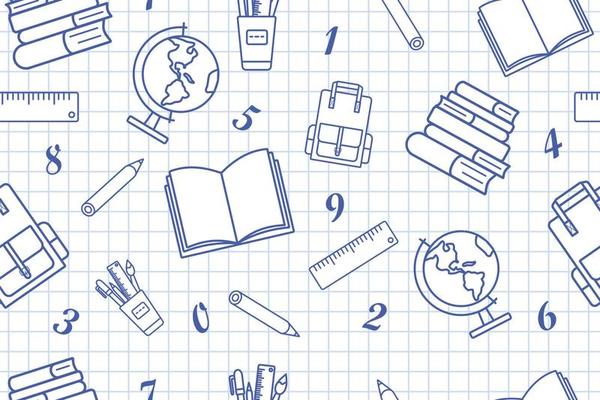 Seamless school pattern with stationery on a checkered background. School notebook, globe, pencils, books, backpack, numbers. Back to school