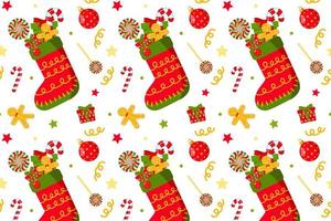 Seamless pattern with Christmas sock with gifts on white background. Packaging paper, textiles. Home decor, gingerbread man, lollipop, candy. Symbol of Christmas and New Year vector