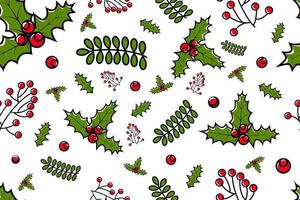 Seamless Christmas Pattern with holly leaves and berries for wrapping paper, postcards, invitations, fabric. Festive New Year's winter background vector