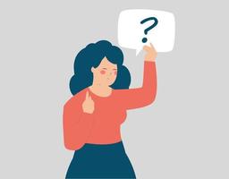 Thoughtful businesswoman thinks about something and holds a sign with a question mark. Confused entrepreneur girl doubts and has a question about something. Women's empowerment, asking concept. vector