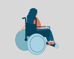 Young woman with a physical disability uses a wheelchair from back side. Female isolated on light background thinks about something. Vector illustration