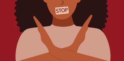Strong woman crossed hands to protest and protect herself. Activist female stands for gender equality, women's rights. Concept of woman empowerment, discrimination and violence. Vector illustration.
