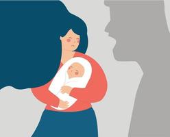 A young mom protects her new born baby from a man's shadow that threats and shout loud at them. Concept of family abuse, domestic violence, motherhood, negative parenting, single mothers. Vector stock