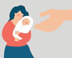 Single mother gets a helping hand from her friends. Women's community supports a single mom with her newborn baby. Family support, social help for safe motherhood, domestic violence Concept. Vector