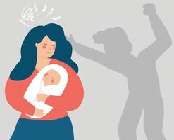 Young mother protects her newborn baby from a man's shadow that threats him. Concept of family abuse, domestic violence, motherhood, negative parenting. Stop bullying, single mom. Vector stock