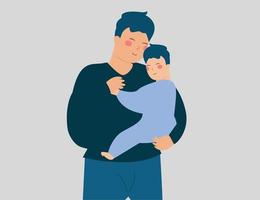 Happy father embraces and hugs his newborn baby with care. Young dad holds his little son and plays with him. Fatherhood experience, positive parenting, happy fathers day concept. Vector illustration