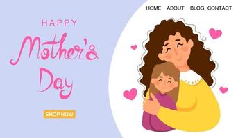 Happy Mother's Day vector banner. Mother hugging child daughter.