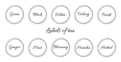 Vector minimalistic stickers or labels with names of tea in round abstract frame. Be used for making tea containers.