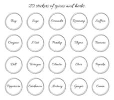 20 vector stickers or labels with names of spices and herbs in round abstract frame. Be used for marking spice containers.