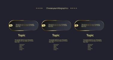 tres botones de lujo números geométricos de diseño infográfico, con tres opciones doradas e iconos en plantillas de concepto de números. utilizado en presentaciones, negocios y diseño de vectores de banners financieros