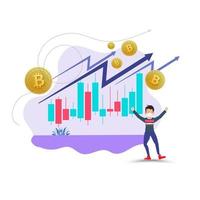 El concepto de cadena de bloques de bitcoin se negocia con la luna, el estandarte criptográfico, la presentación criptográfica, las redes sociales y el gráfico de tendencia ascendente. ilustración vectorial haciendo inversiones para la ruptura de bitcoin. sistema minero vector